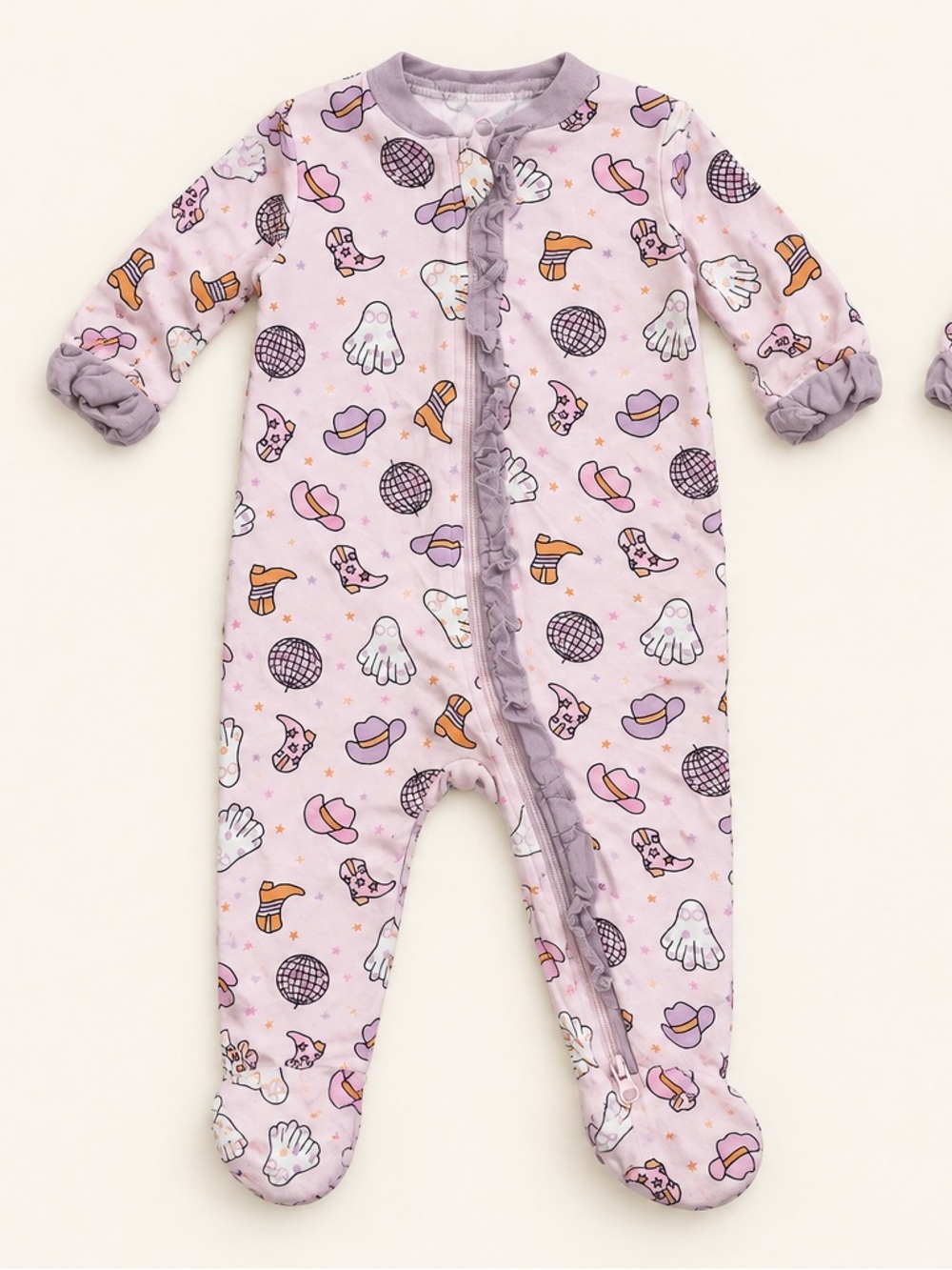 Milkbarn Lilac Ruffle-Front Footed One-Piece with ghosts, cowgirl boots/hats